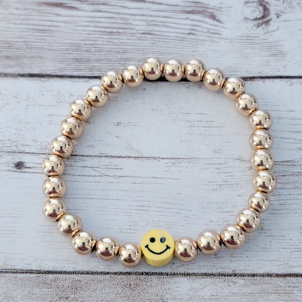 Gold Tone Stretch Bracelet with Yellow Smiley Face - Happy Theme